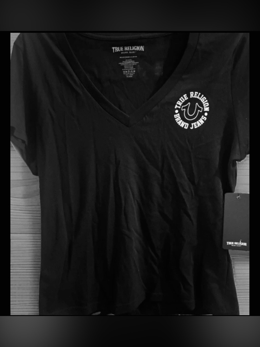 True Religion Jet Black V-Neck Tee with Logo Tag